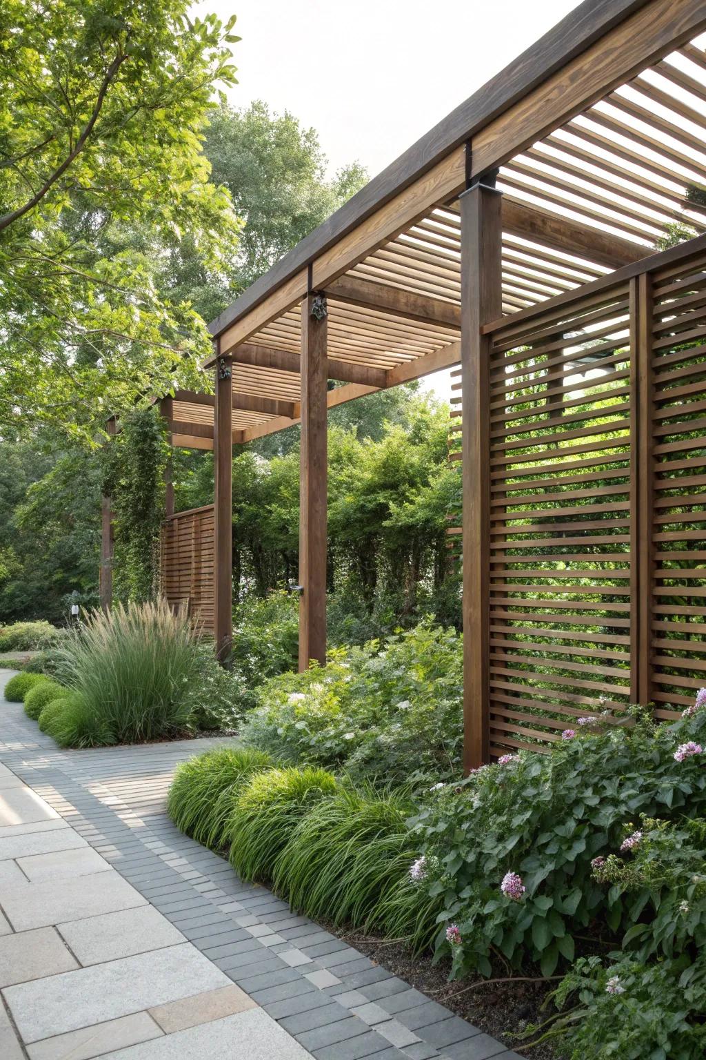 Wooden slat screens infuse any pergola with a sense of natural warmth and seclusion.