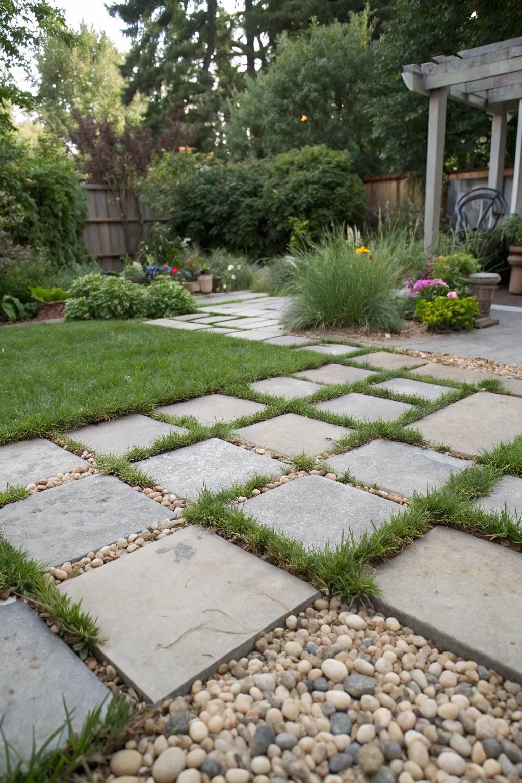 Interlocking pavers with grass and gravel create a charming and functional patio.