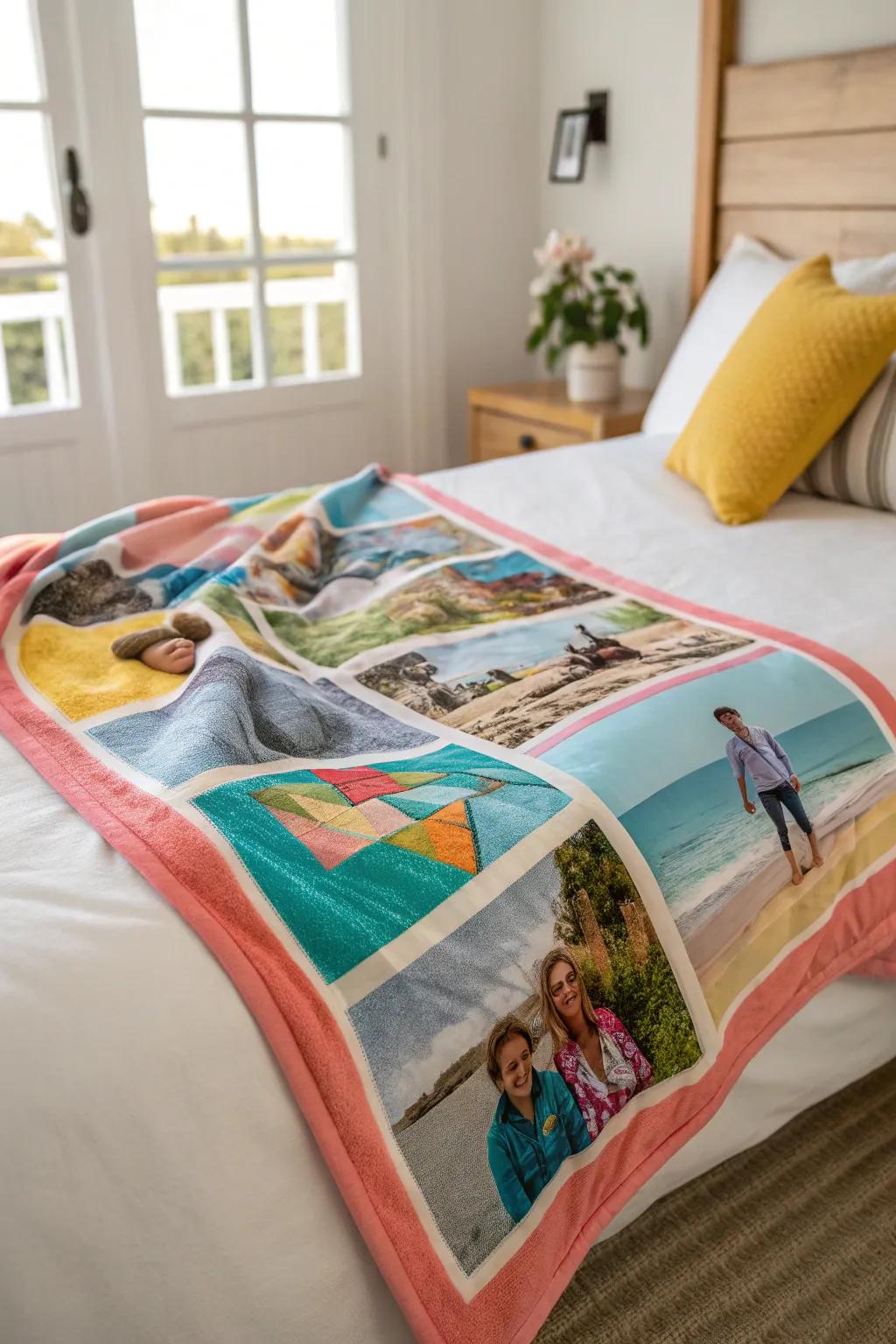 A fleece blanket transformed into a vibrant snapshot showcase, capturing family memories.
