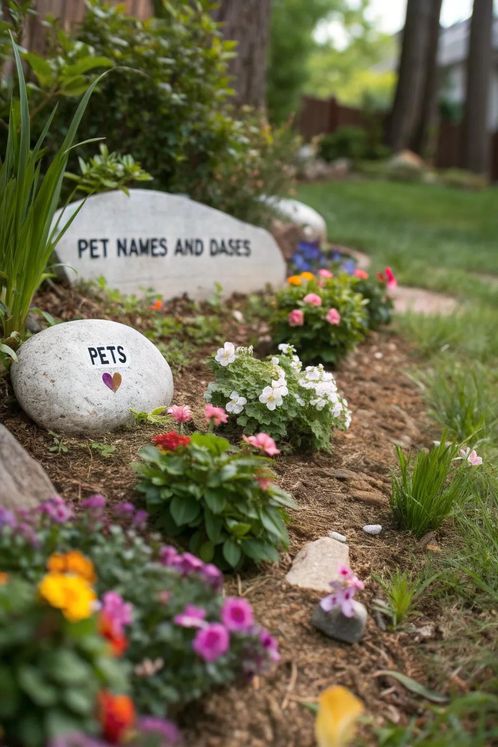 Etched stones nestled among blooming flowers, lending a personal touch to the garden.