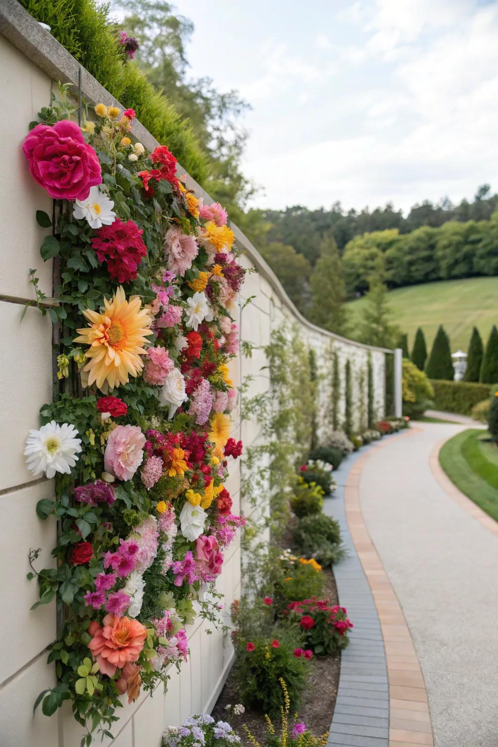 A wall filled with various vibrant artificial and real flowers, crafting a blossom dreamscape.