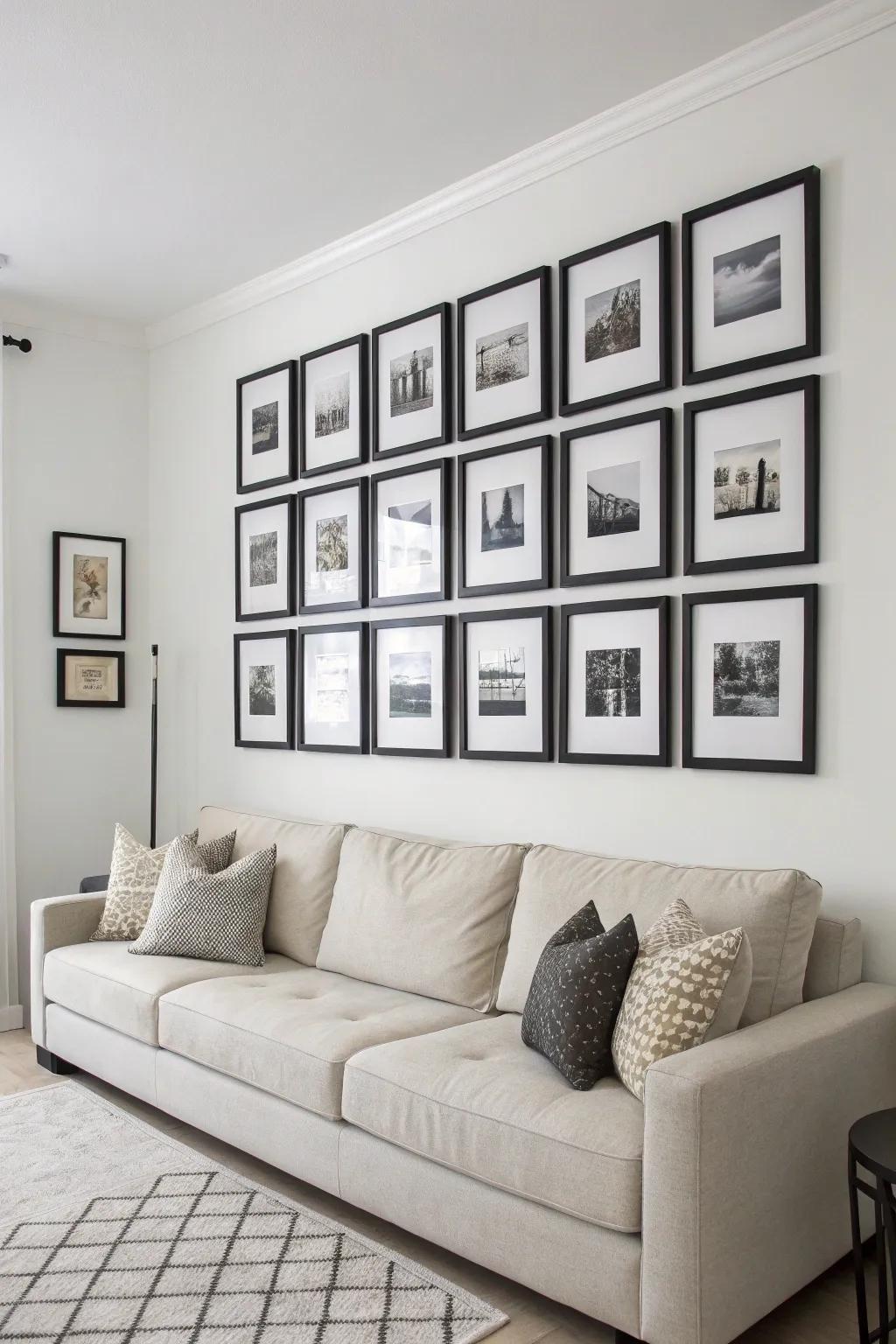 A symmetrical alignment picture display that introduces structure and flair to a contemporary living area.