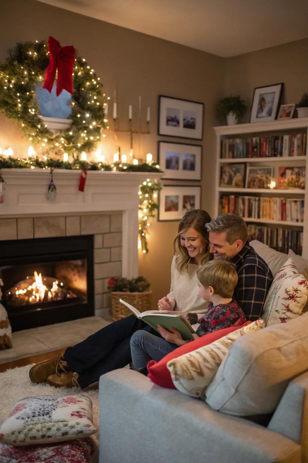 A family enjoying a cozy moment around a beautifully decorated fireplace.