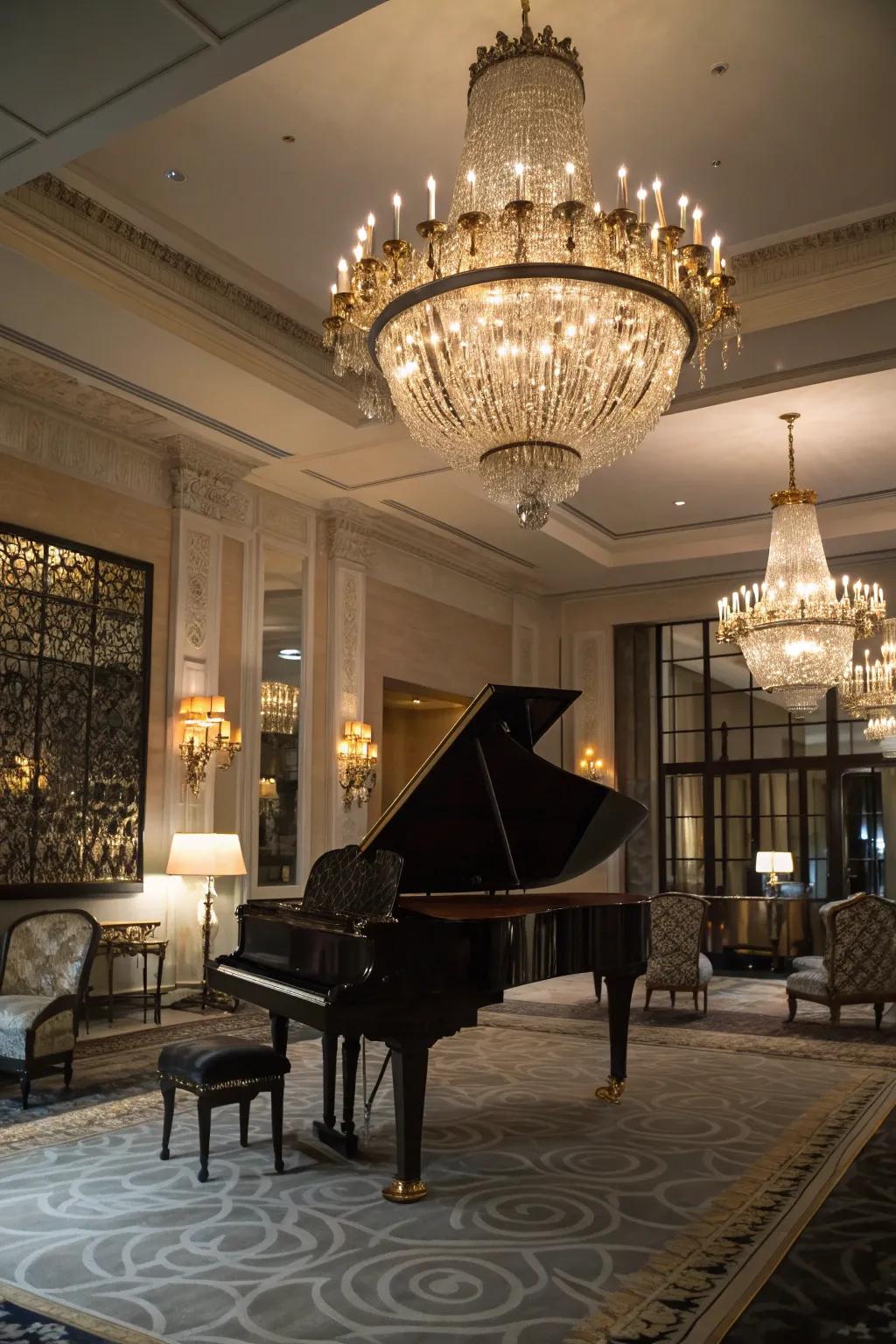The luminaire adds sophistication and refined lighting to the piano space.