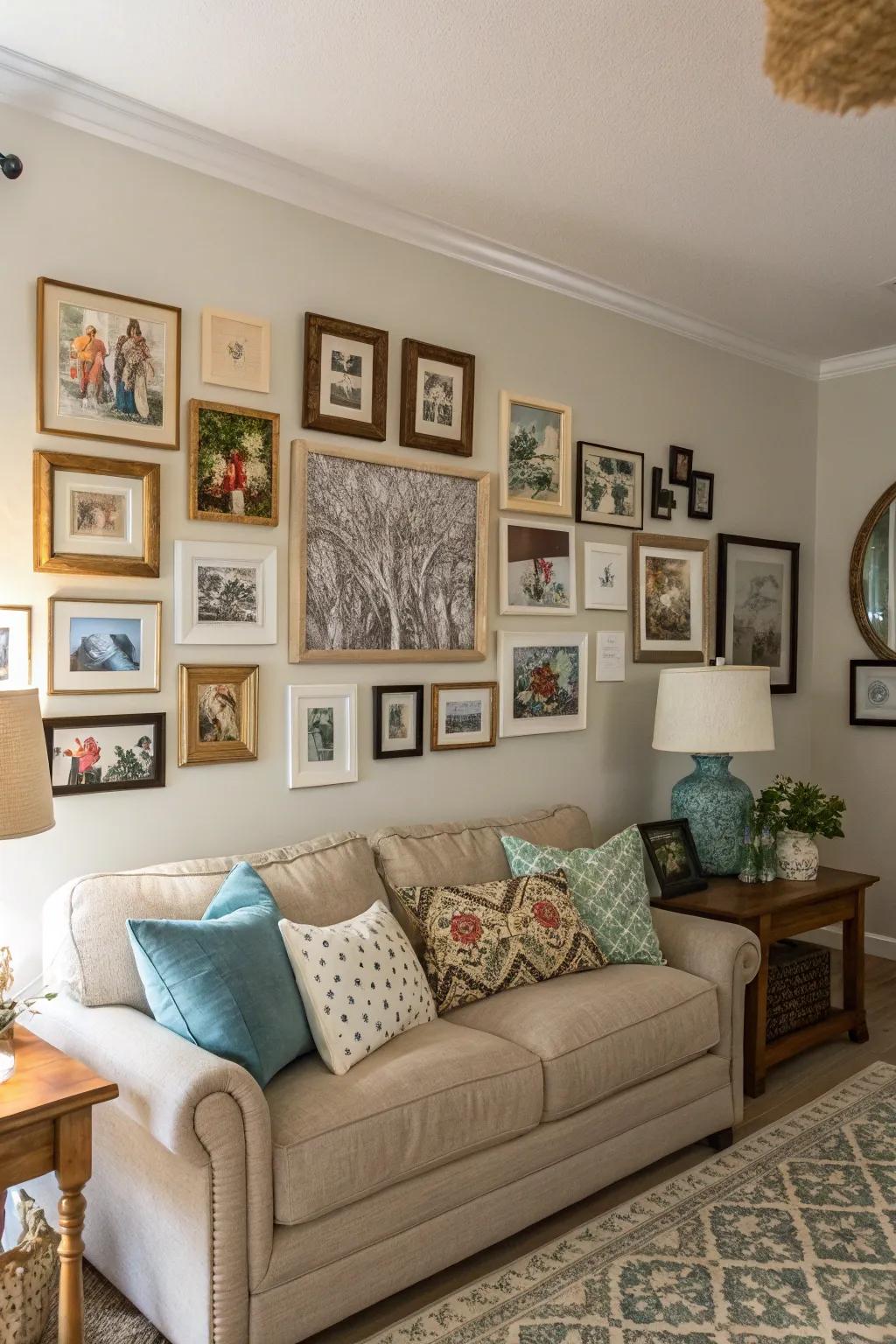 A vibrant gallery display that narrates a story through an amalgamation of artwork and treasured memories.