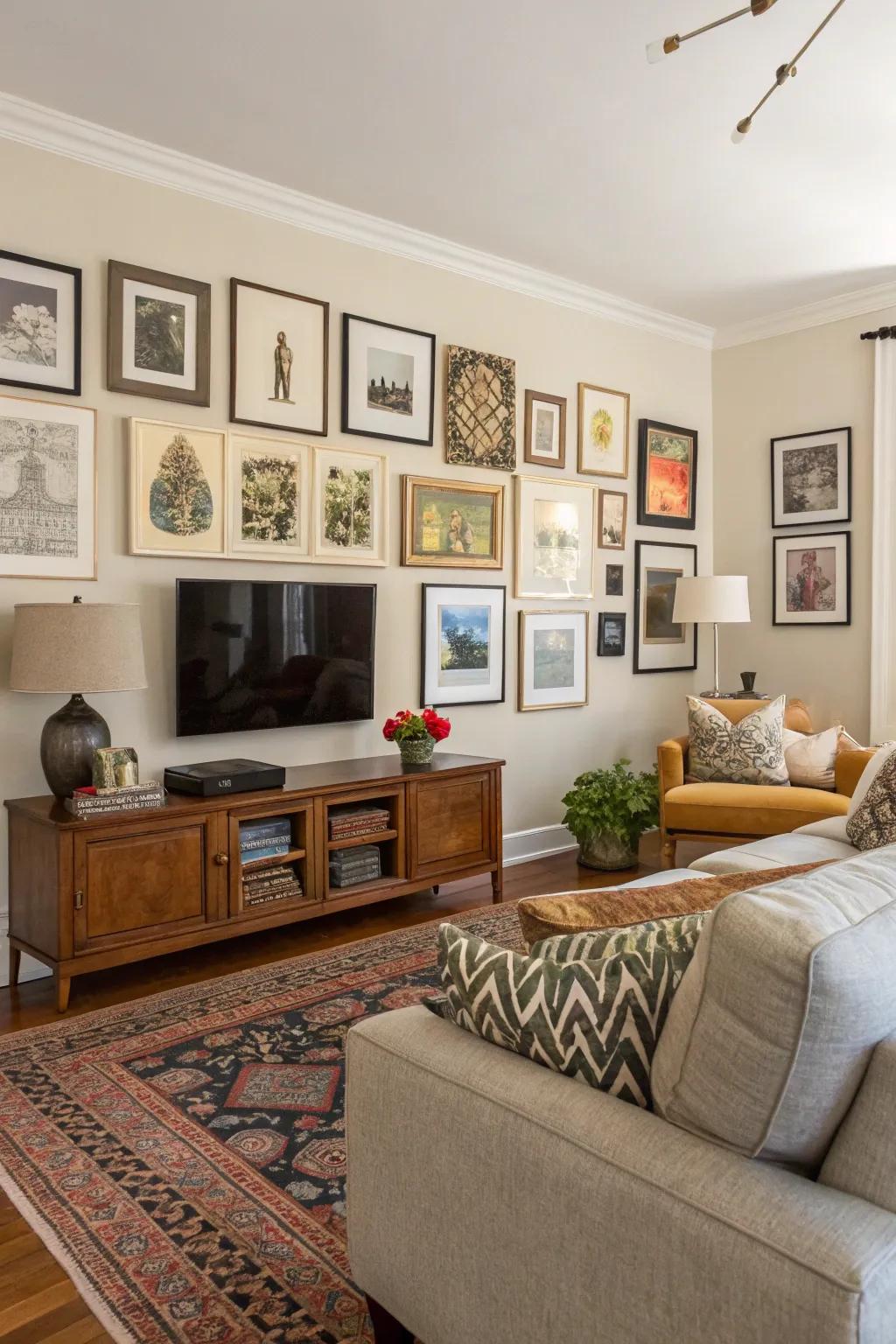 Classic gallery walls harmonize personal and curated art flawlessly.