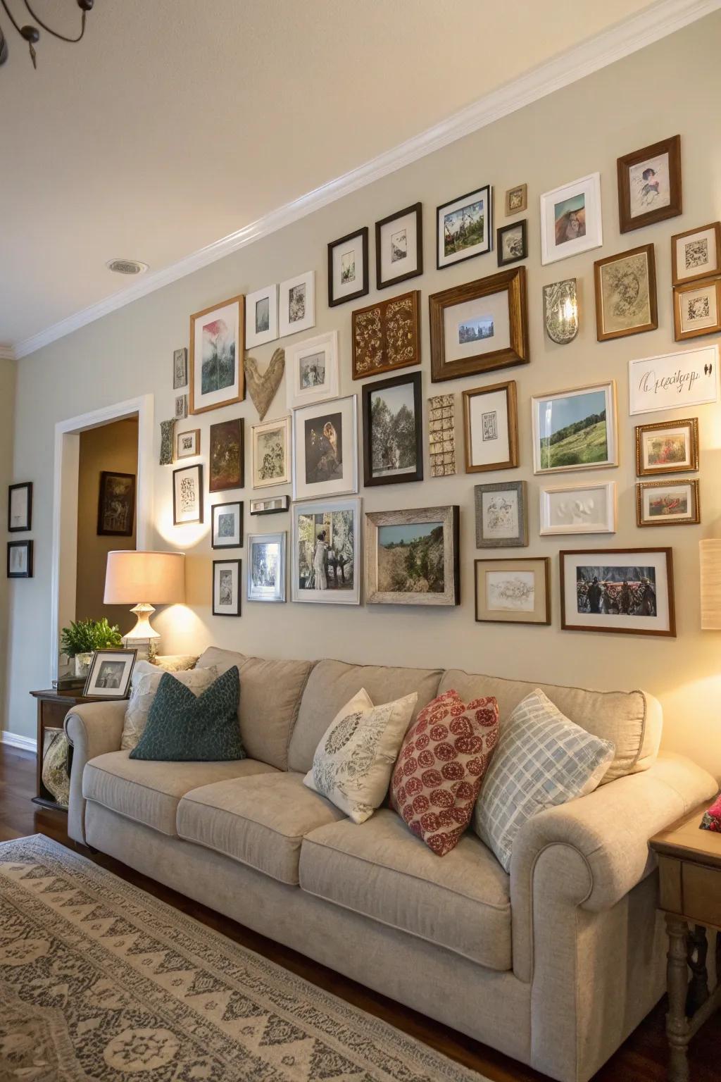 A personalized gallery wall featuring an array of art and cherished photos.