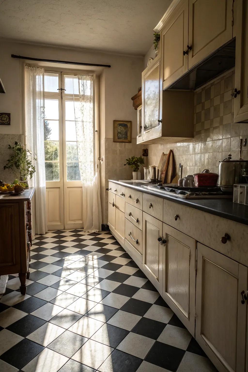 A classic checkerboard floor brings enduring sophistication to the kitchen.