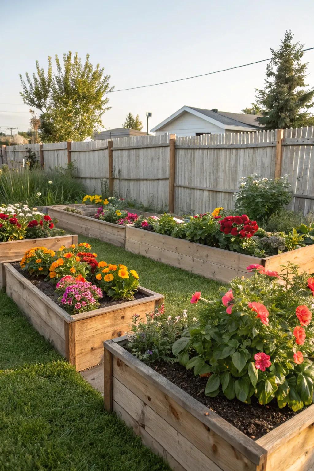 Embrace the charm of classic wooden raised flower beds in your garden.
