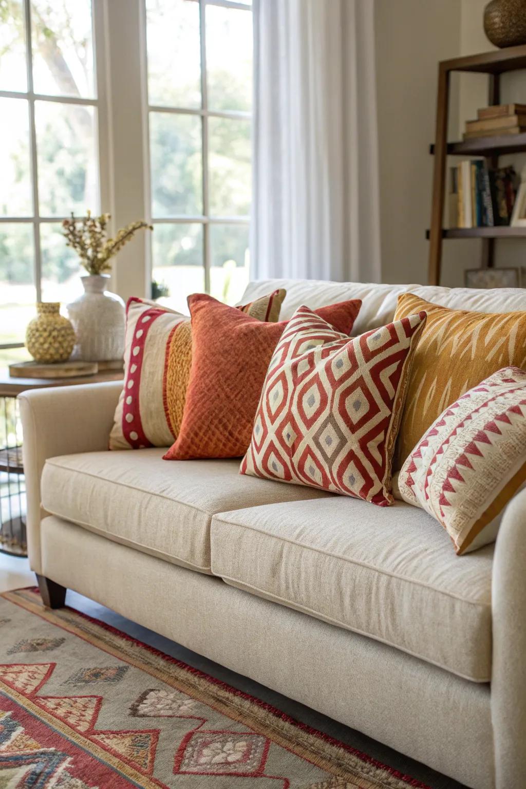 A well-coordinated array of cushions displayed on a living room couch.