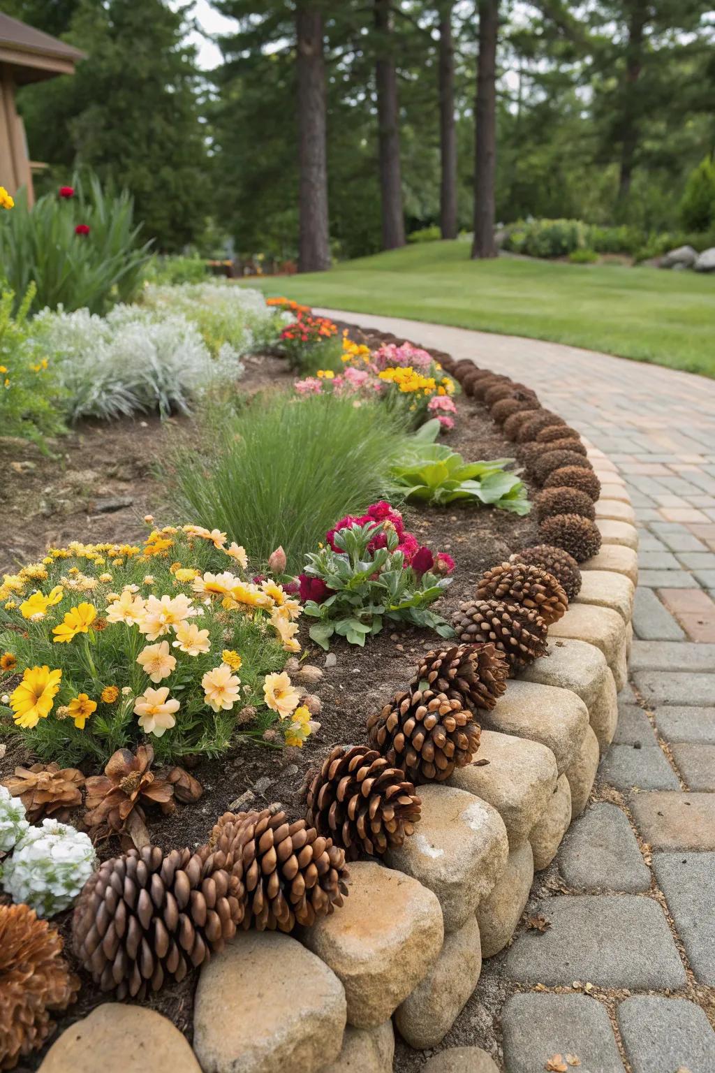 Pinecones crafting a natural boundary for garden plots.