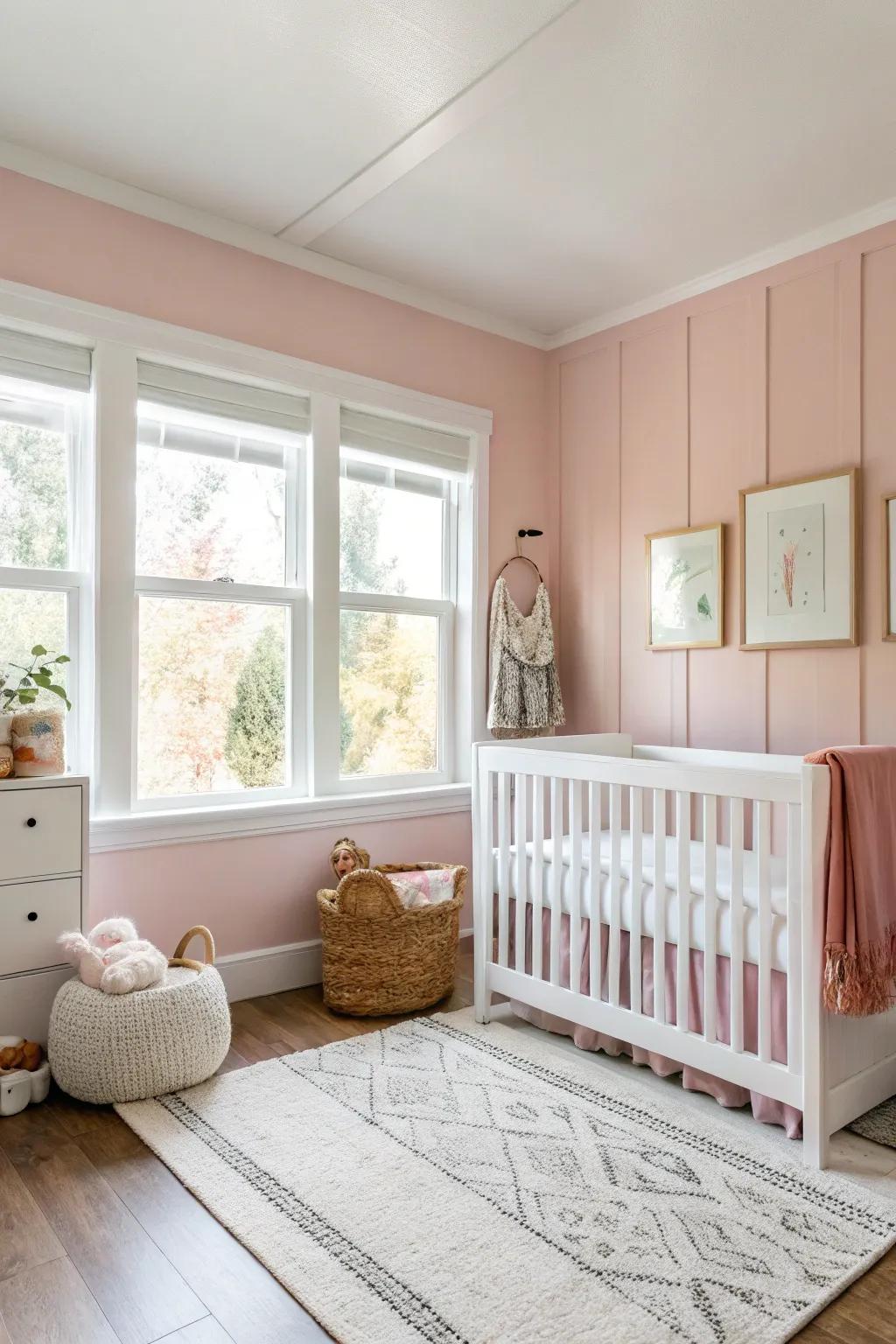 A nursery that balances gentle rose tint with pure white furnishings.