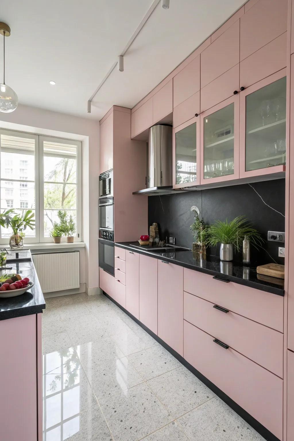 Radiant rose cabinetry, set off by somber countertops, makes a striking comparison.