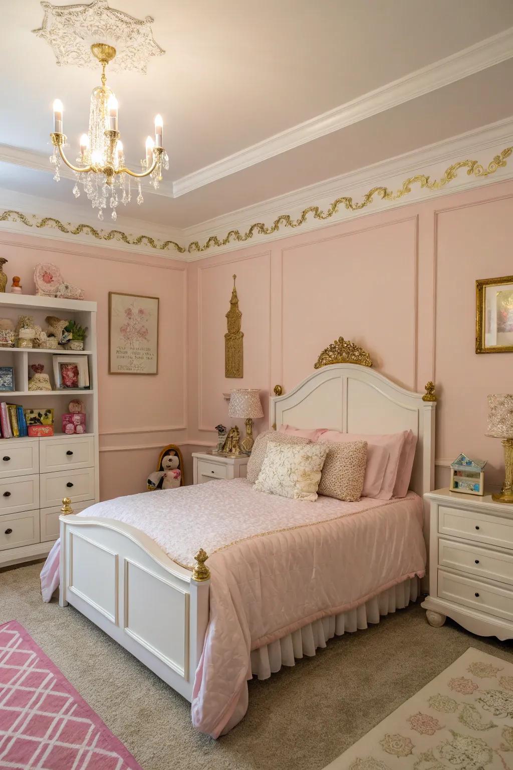 Pale pink walls deliver a dreamy canvas for a girly paradise.