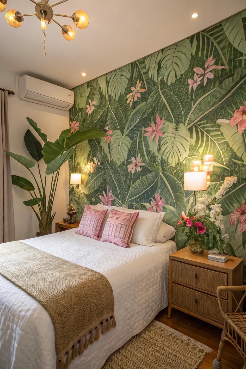 Botanical wallpaper with lush greens and pinks creates a tranquil bedroom oasis.