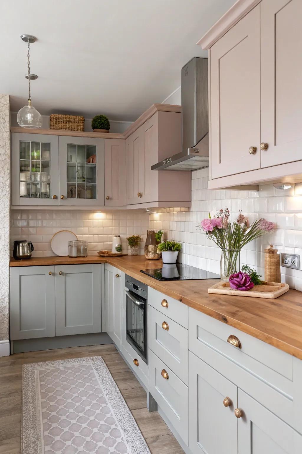 A serene kitchen featuring pastel pink and airy grey hues.