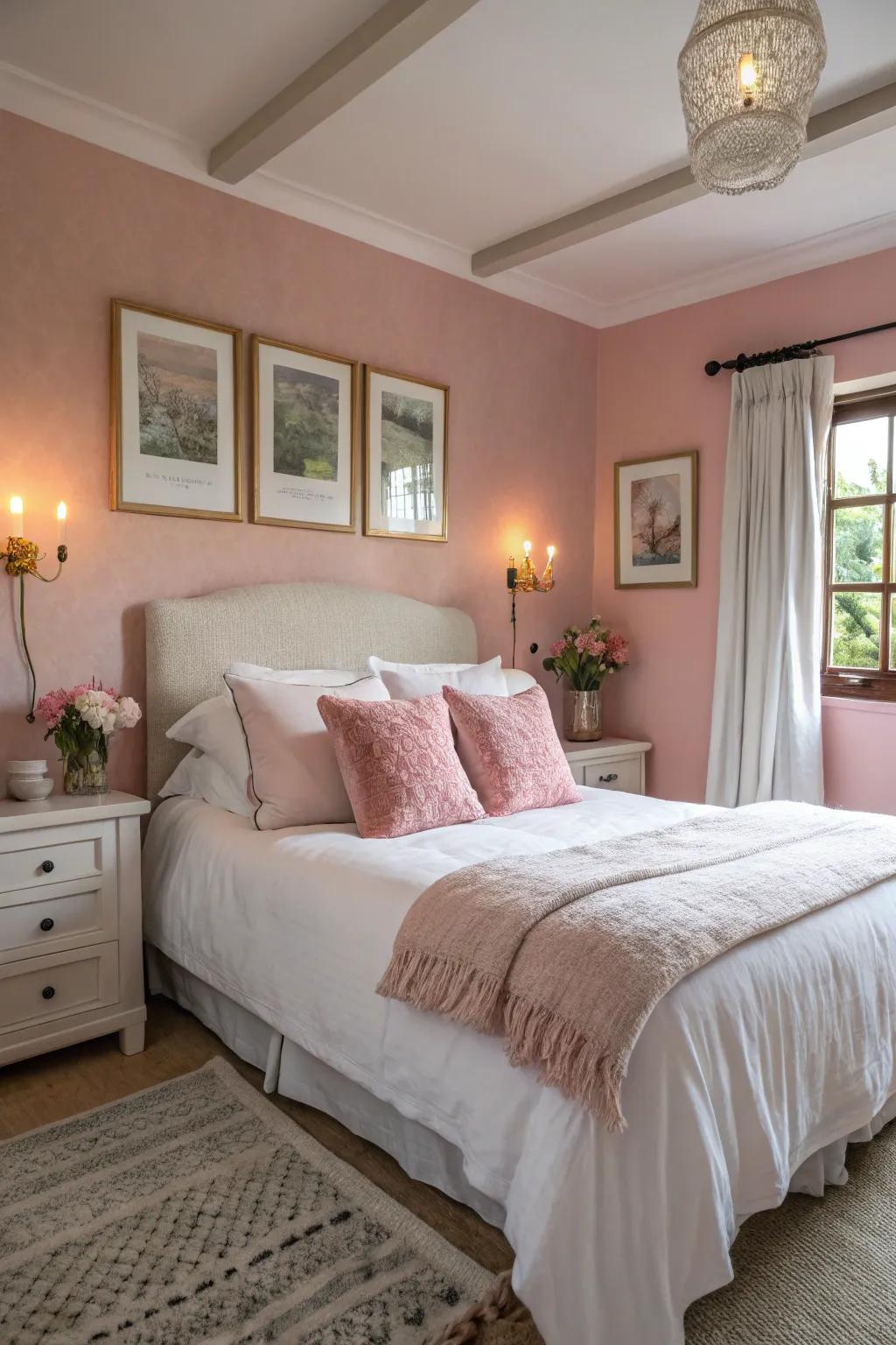 Embrace the tranquility of blush and white for a restful bedroom retreat.
