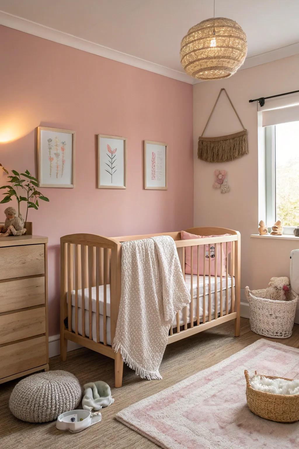 Pastel pink walls bring serenity and charm to the nursery.