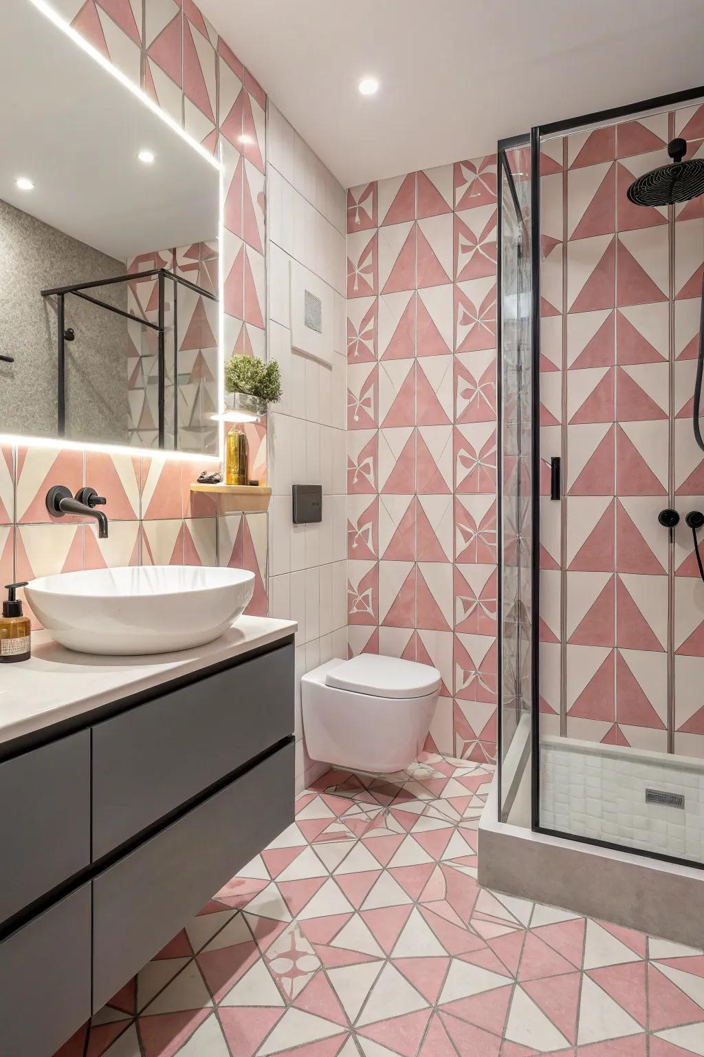 Patterned rose tiles include a spirited touch to this restroom.