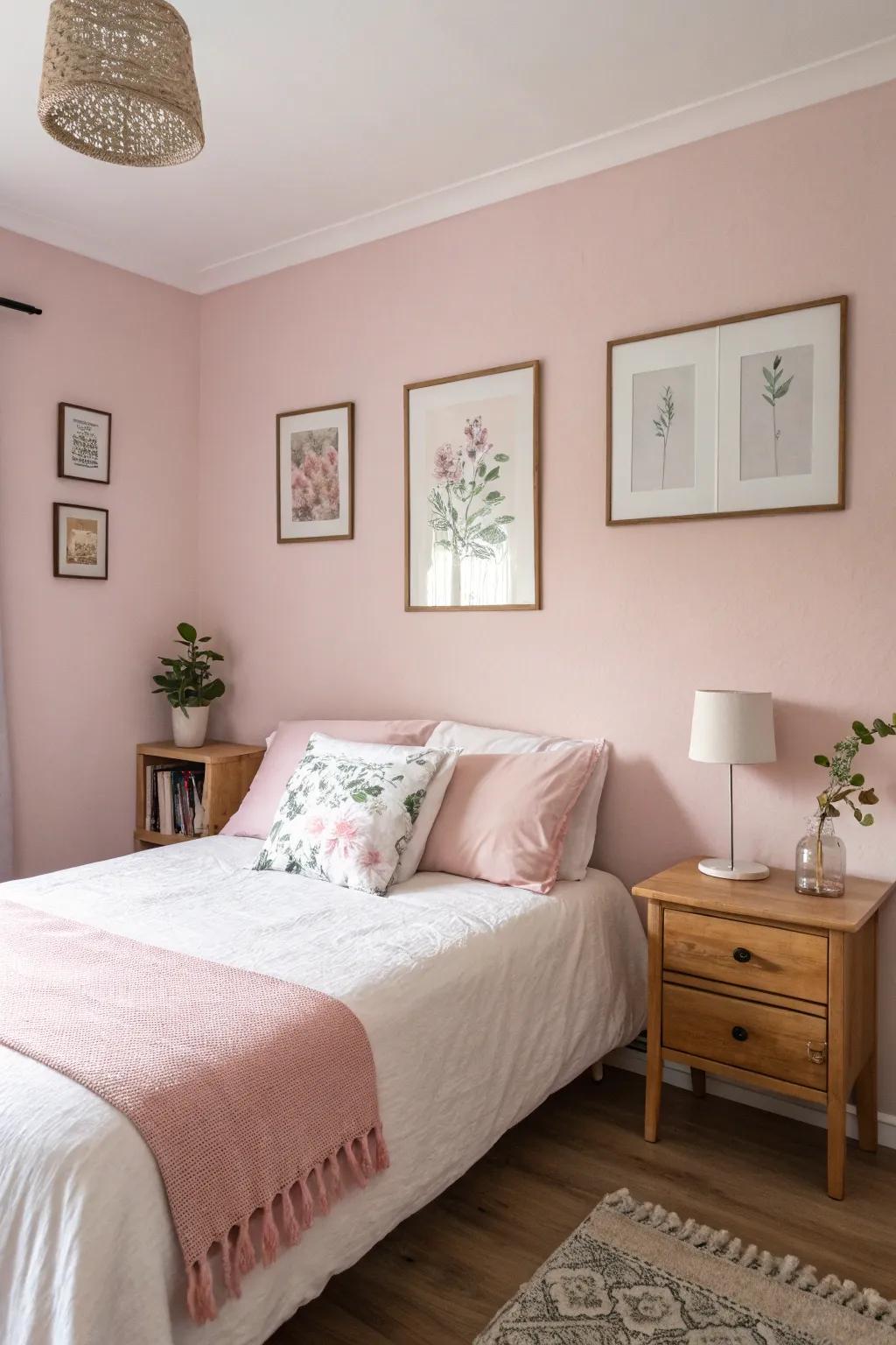 A peaceful bedroom showcasing soft pink walls and simple, elegant decor.