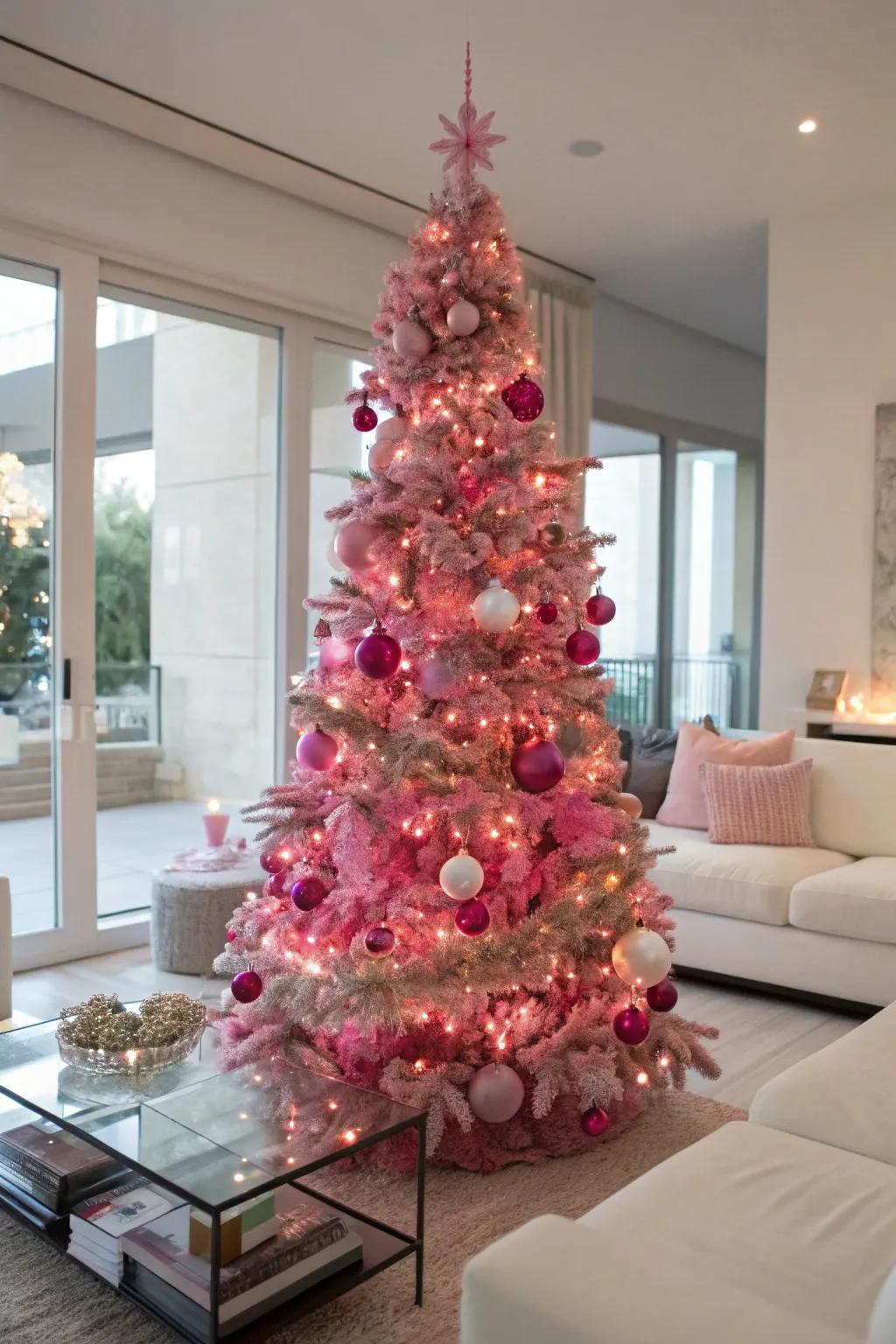 A completely pink Christmas tree is the star, thanks to its vibrant shades.