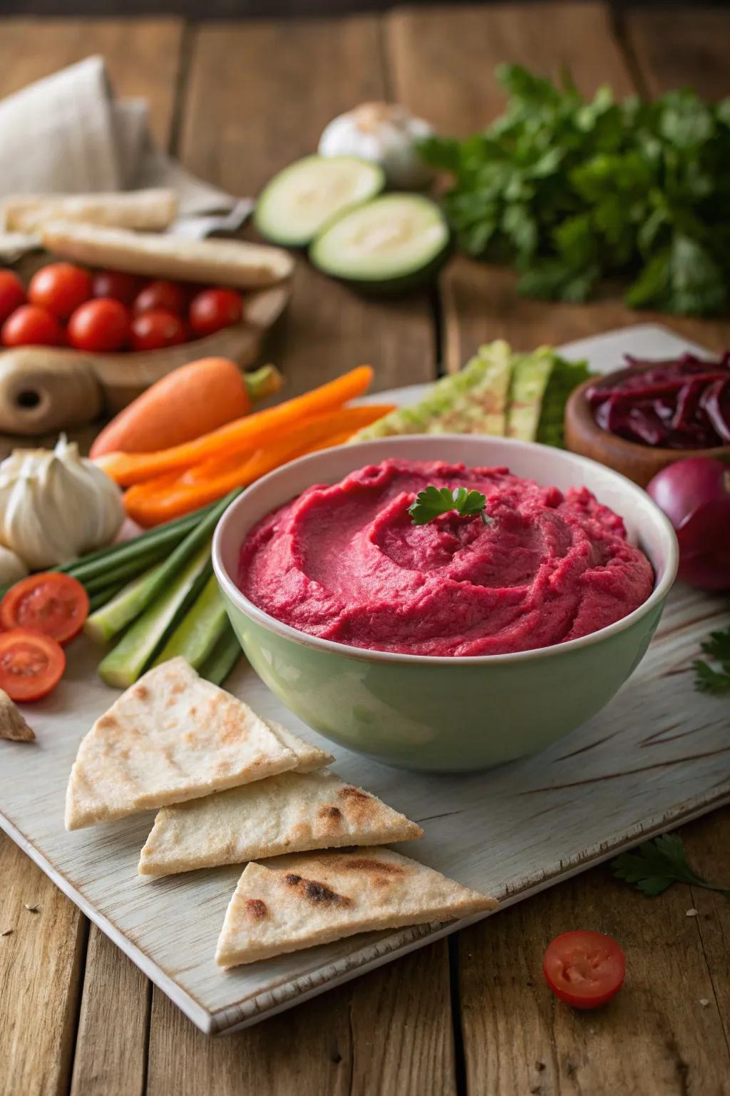 Pink beet hummus served with fresh vegetables makes for a striking appetizer.