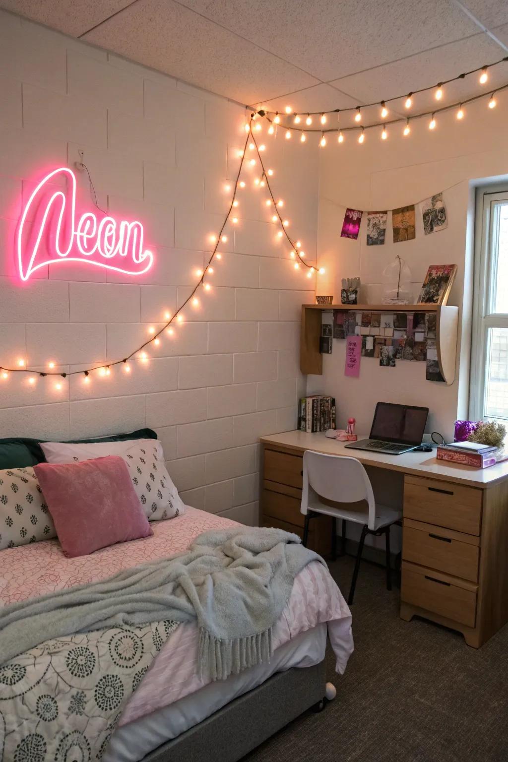 Fairy lights and lit decor bring a cozy glow and a pop of individuality.