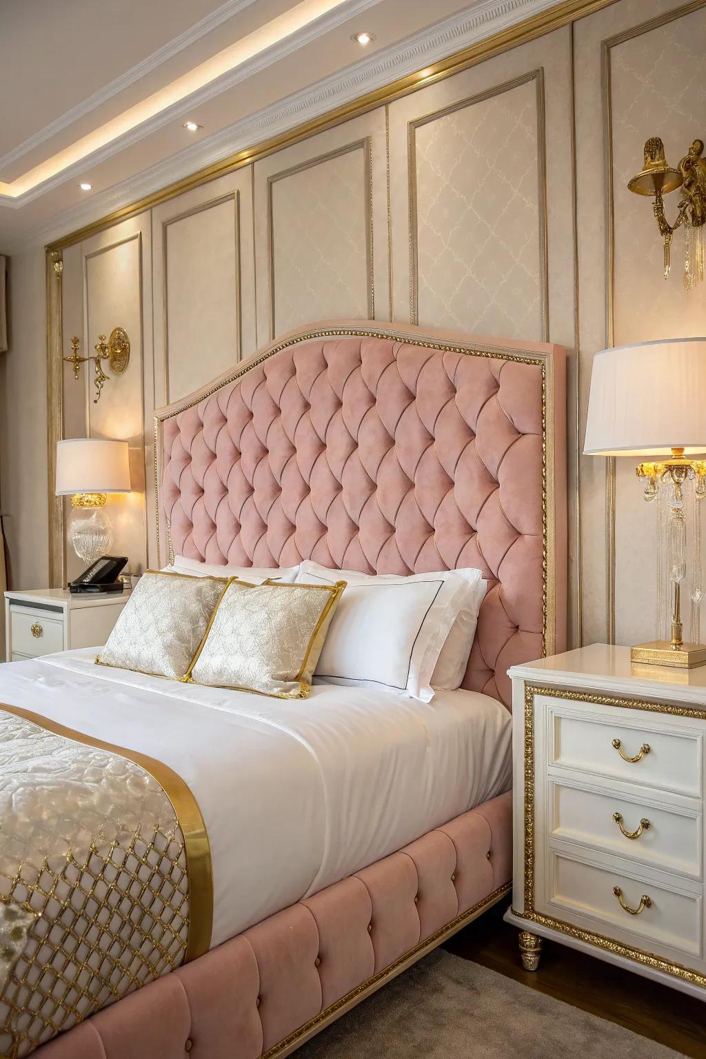 A glamorous bedroom highlighted by a tufted pink velvet headboard as the central element.
