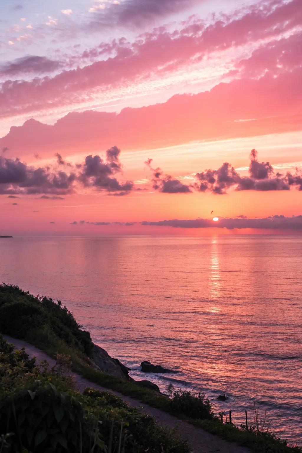 A serene sunset painting featuring a dreamy pink horizon.