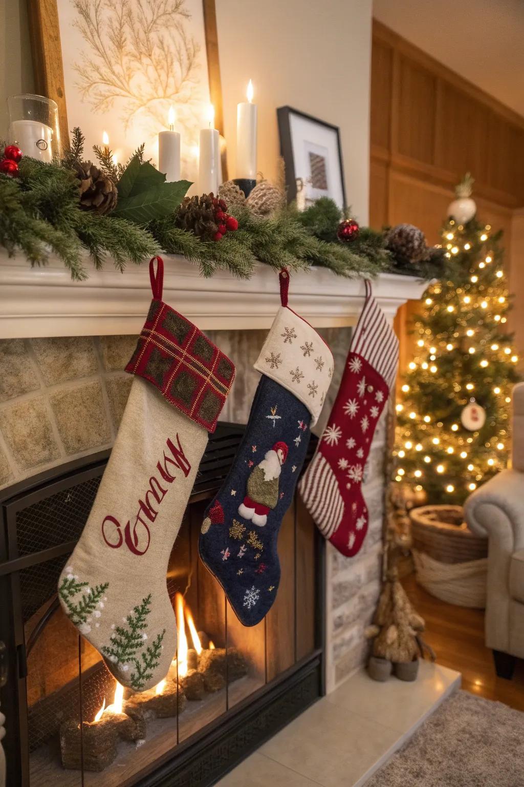 Personalize your Christmas stockings for a snug fireplace setting.