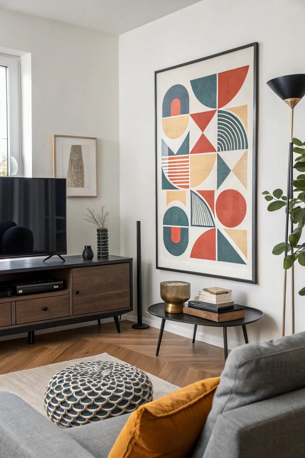 A stunning abstract art print showcasing geometric shapes in a modern living space.