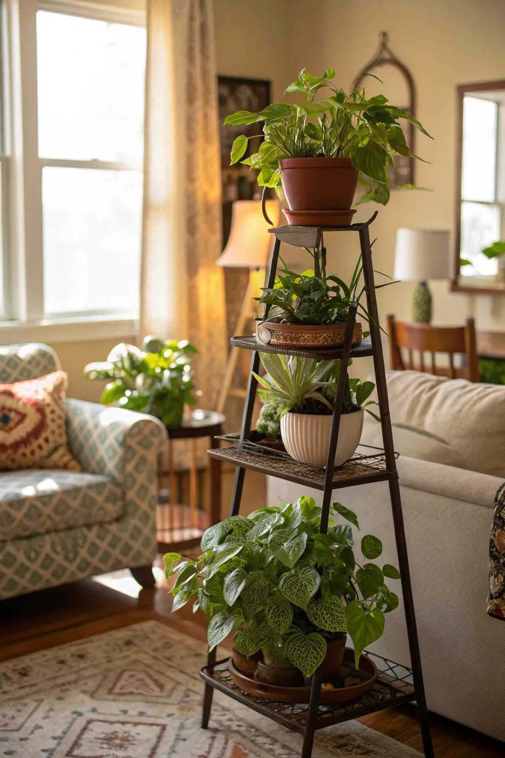 Take advantage of space with layered plant stands.