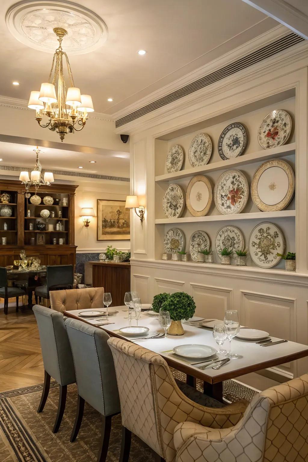 An ageless dining space featuring a classic display ledge arrangement
