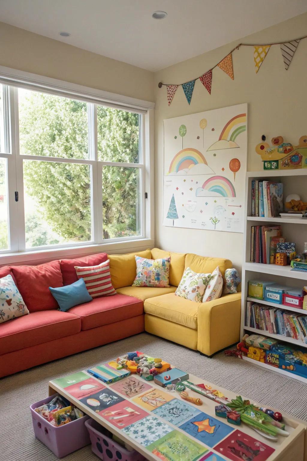 A vibrant playroom highlighted by a colorful sectional sofa as its main feature.