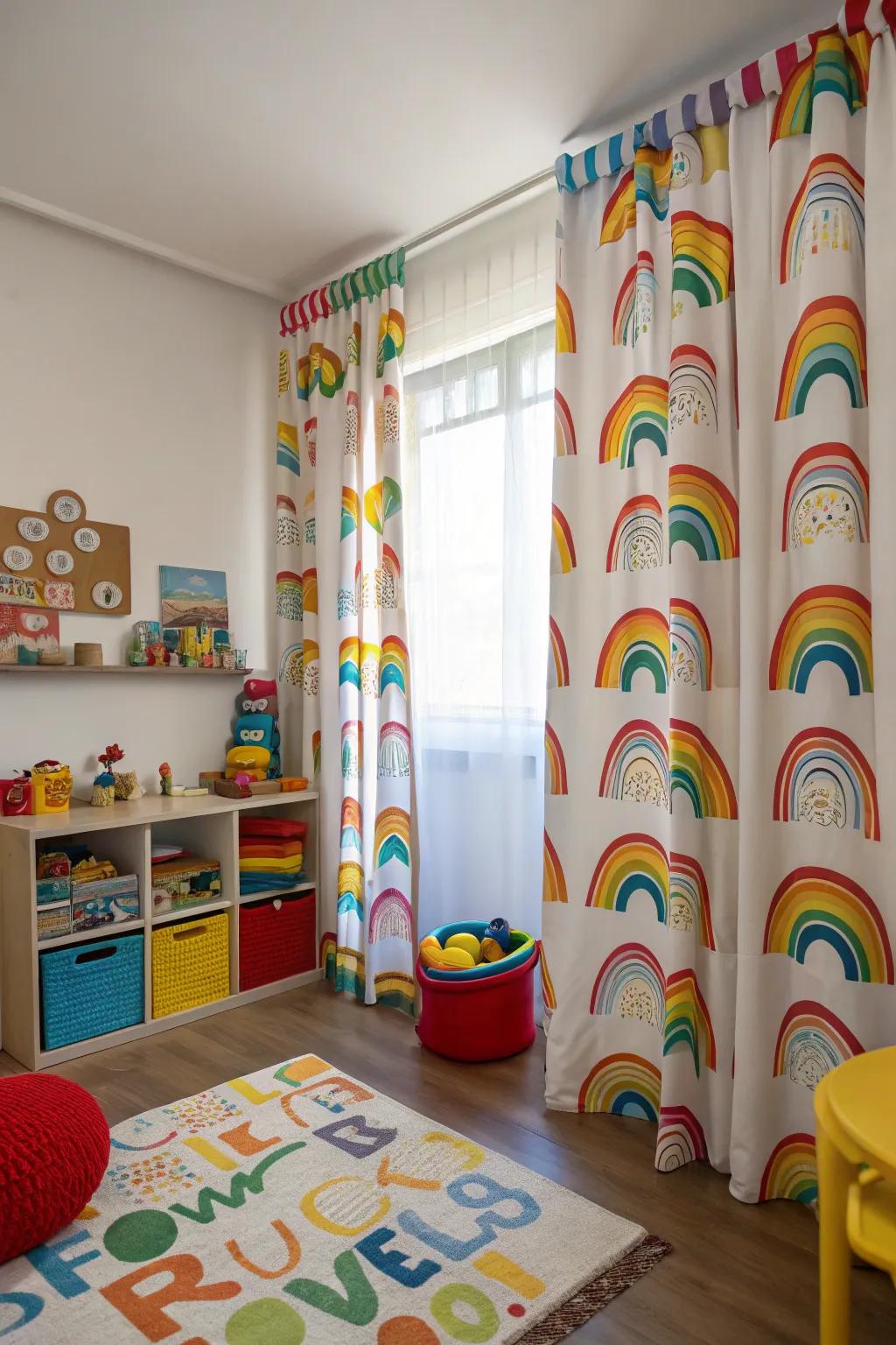 Rainbow patterned curtains splash color into the playroom.