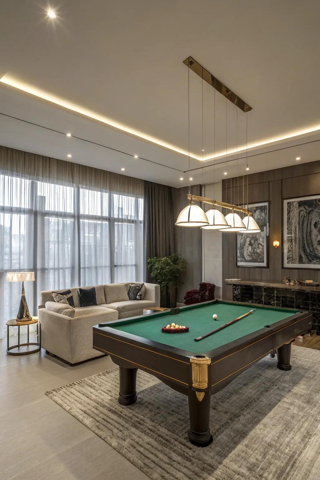 A refined playroom showcasing a stylish billiards table.