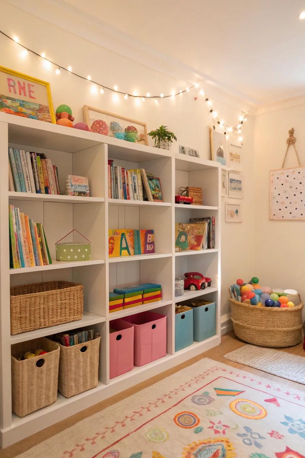 Open shelving with vibrant toys and books that entices kids to explore.