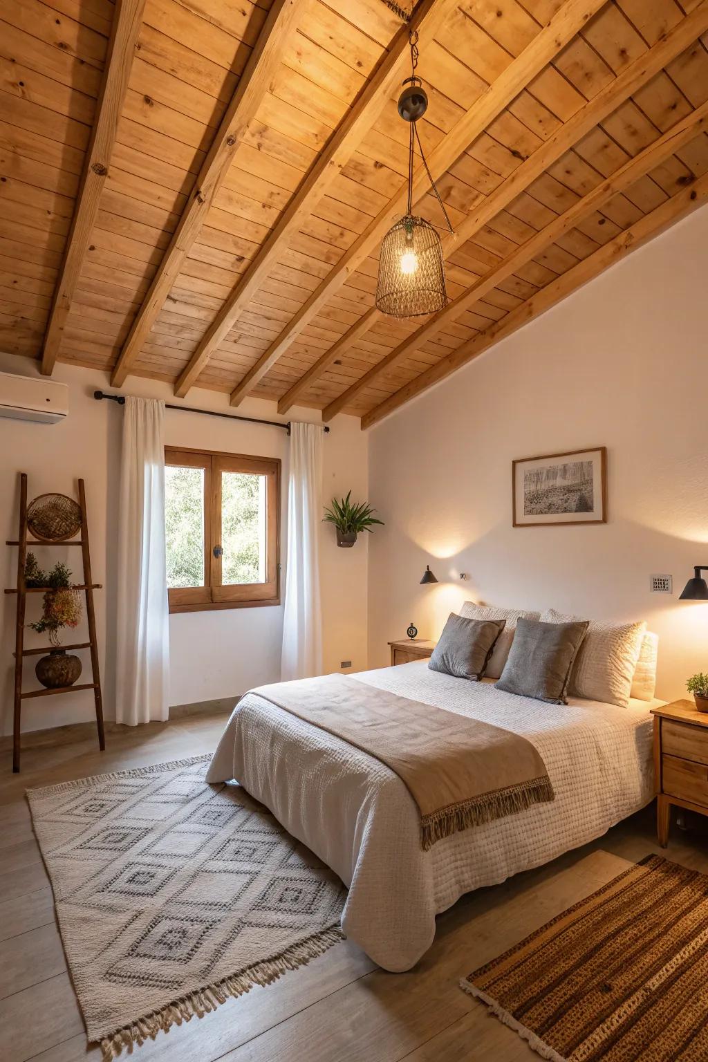 A serene bedroom featuring a plywood ceiling, enveloping the room in warmth.