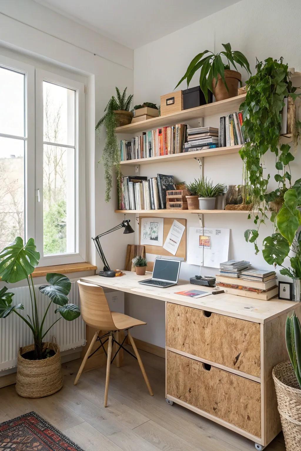 A plywood desk setup enhances the style and usability of any home office.