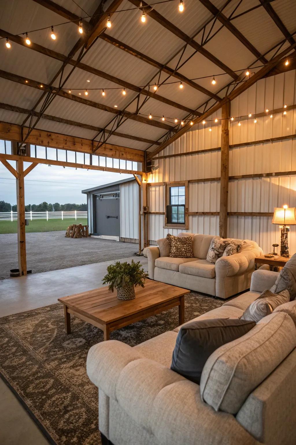 A cozy living area in a pole barn with plush sofas and warm lighting.