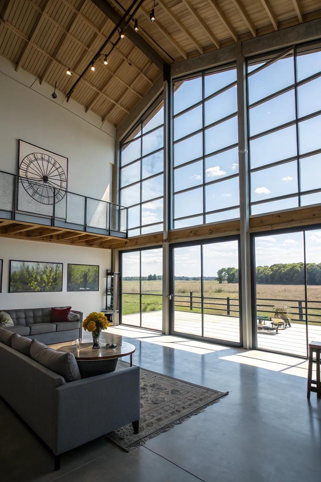 A vibrant, unobstructed loft space seamlessly integrated with the pole barn's architectural design.