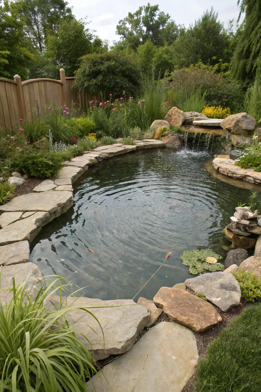 A pond featuring borders made of natural stones, blending seamlessly with the environment.