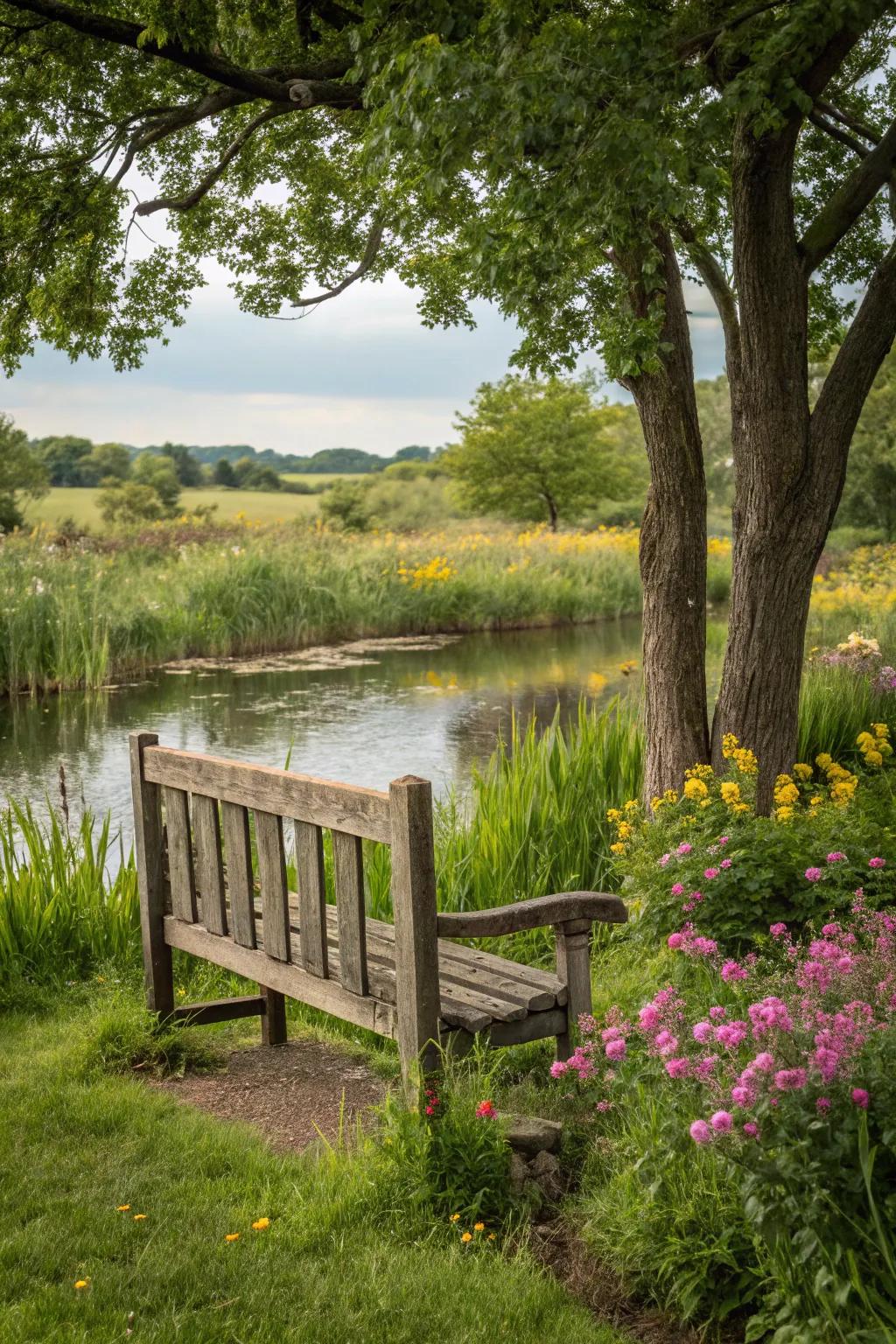 An unrefined timber bench provides a delightful spot for relaxation by the pond.