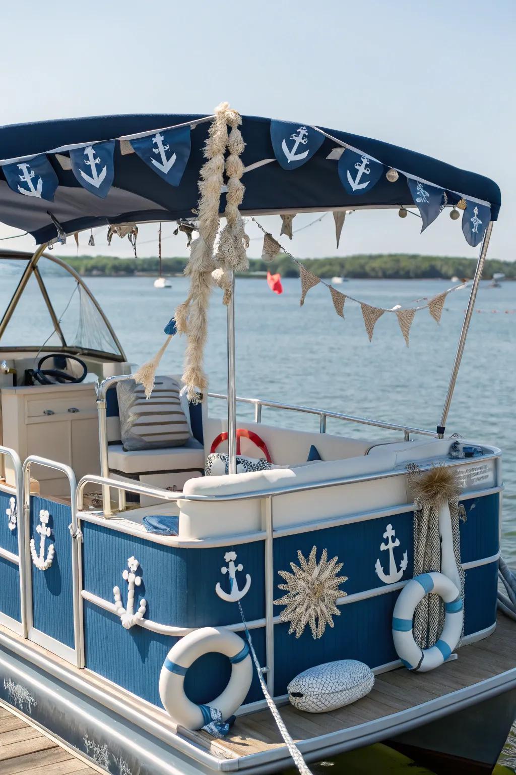 Pontoon boat with a nautical theme, beautifully adorned with anchors and seashells, ideal for any parade.