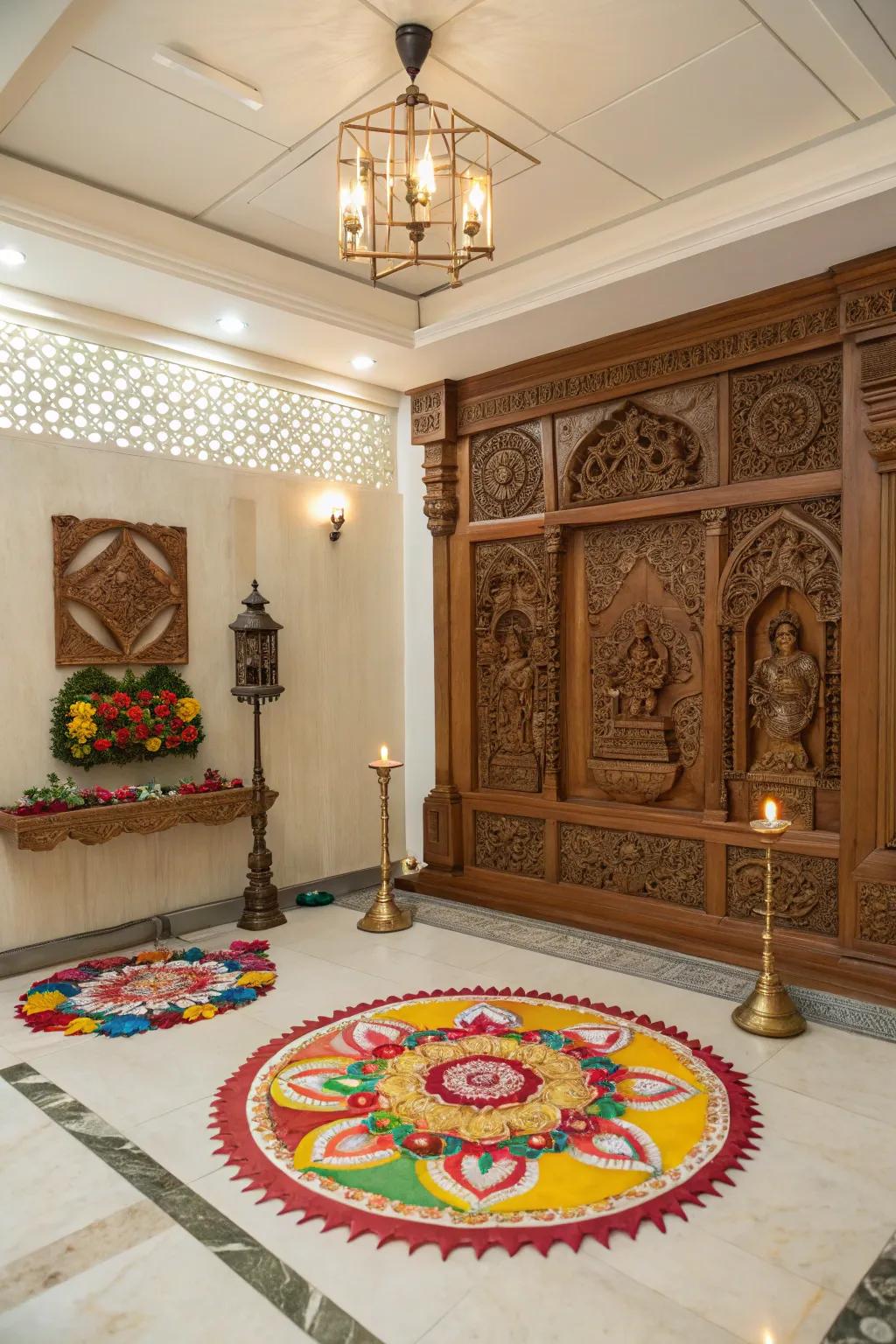 An intricate backdrop enhances the sacred ambiance of this pooja room.