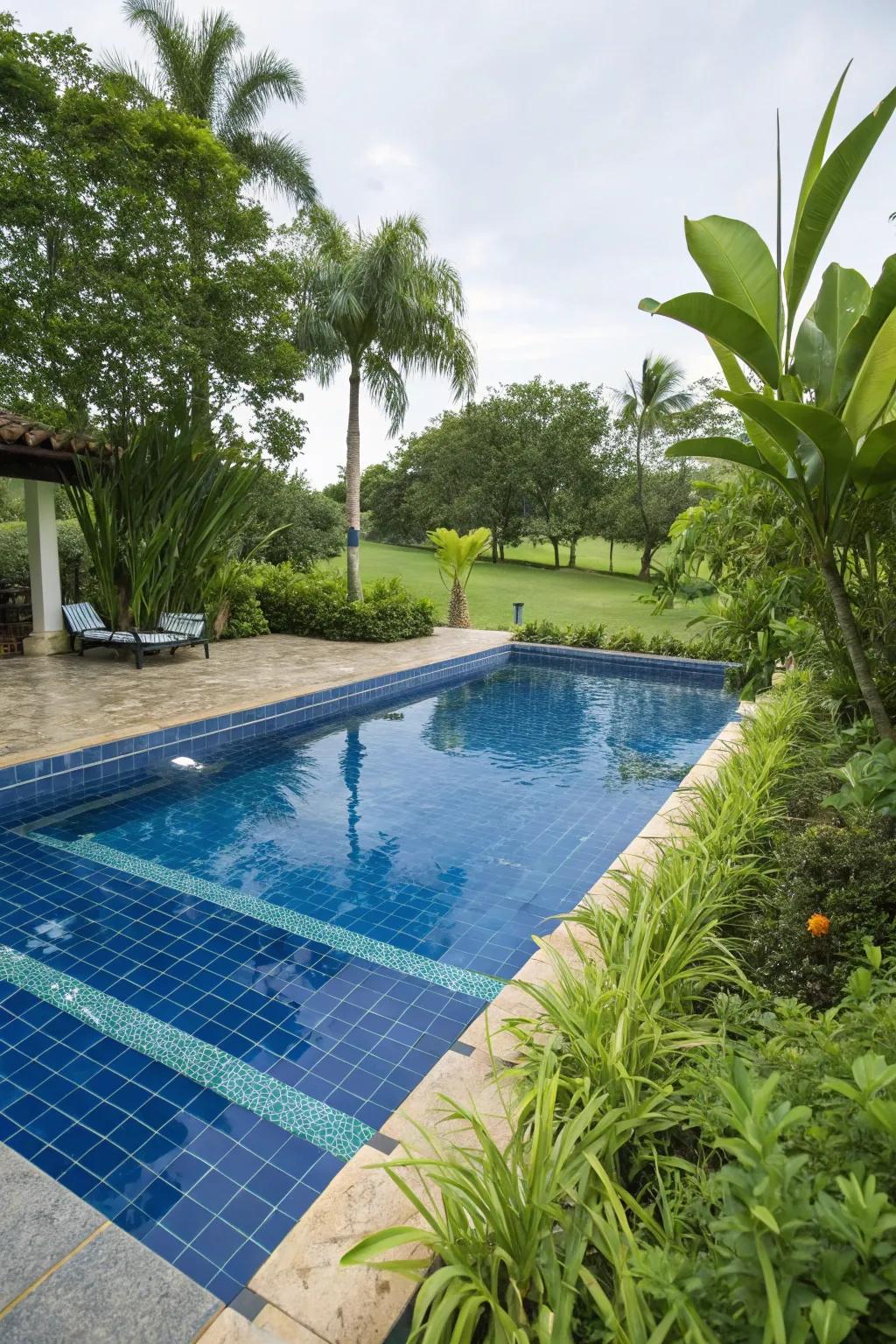 Sapphire blue tiles bring a classic and timeless look to any pool.