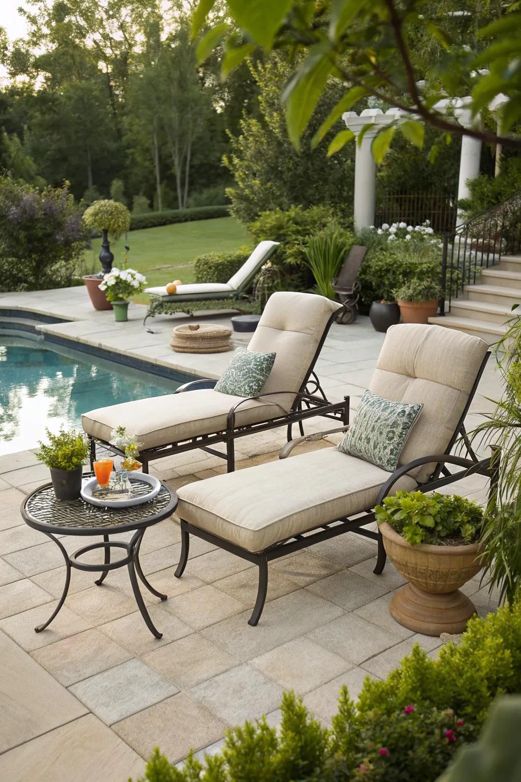 A cozy nook on the pool deck invites you to unwind in style.