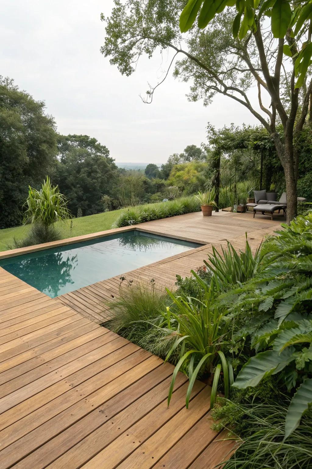 Warm and inviting, a wooden deck enhances the natural beauty of your pool area.