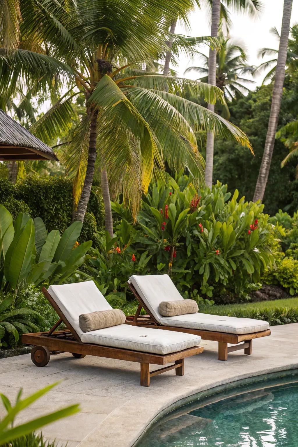 Chaise lounges perfectly embody poolside relaxation.