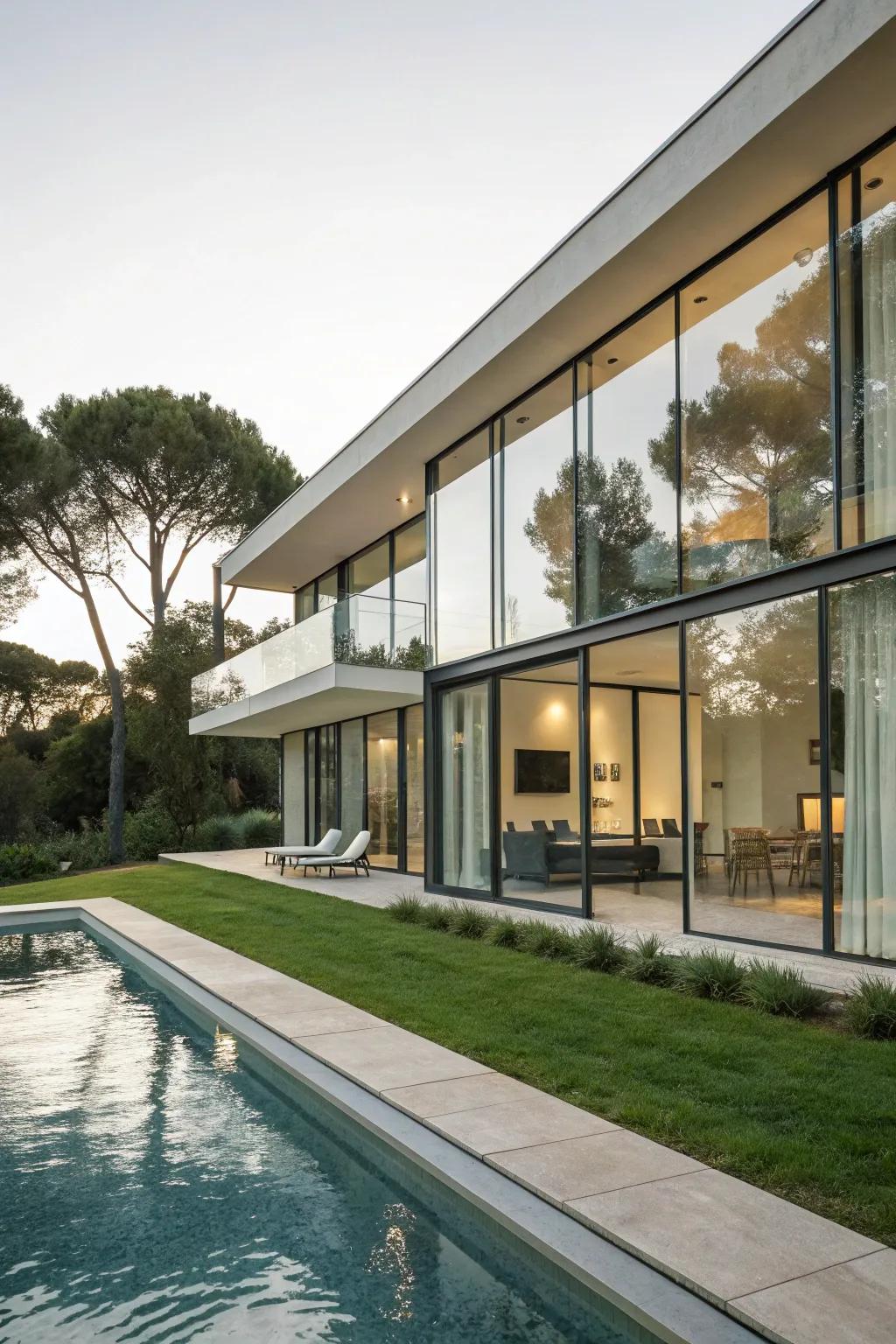 A streamlined modern pool house design that integrates effortlessly with its environment.